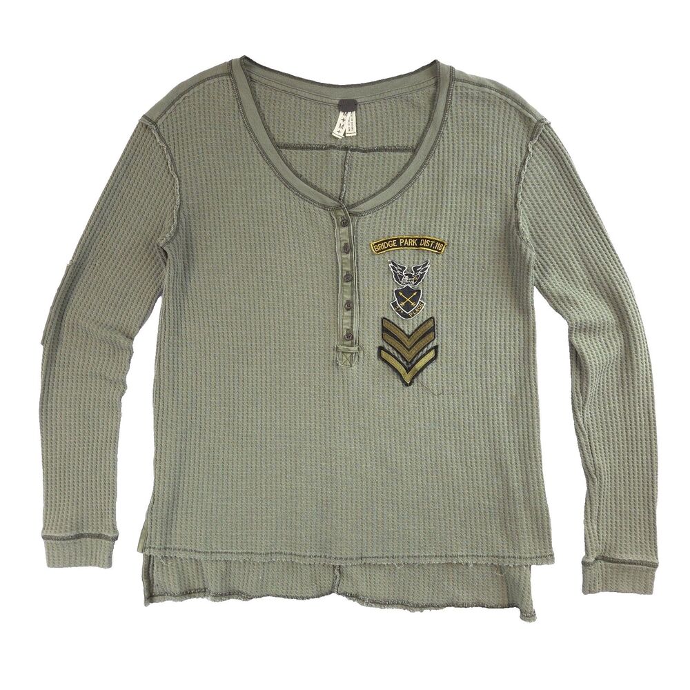 Free People Henley Waffle Knit Thermal Top Bridge Park M Green Grunge Military